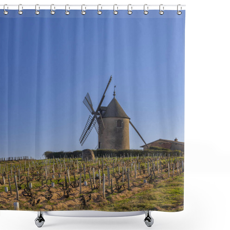 Personality  Spring Vineyards With Chenas Windmill In Beaujolais, Burgundy, France Shower Curtains