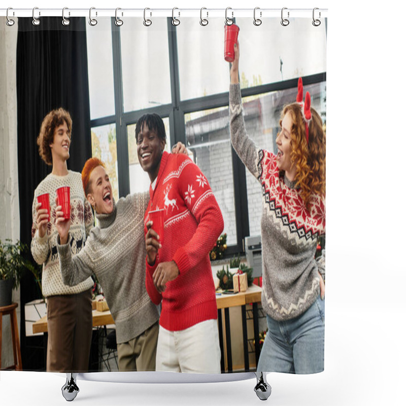 Personality  A Cheerful Group Of Young Coworkers Enjoy A Lively Christmas Celebration In Their Office. Shower Curtains