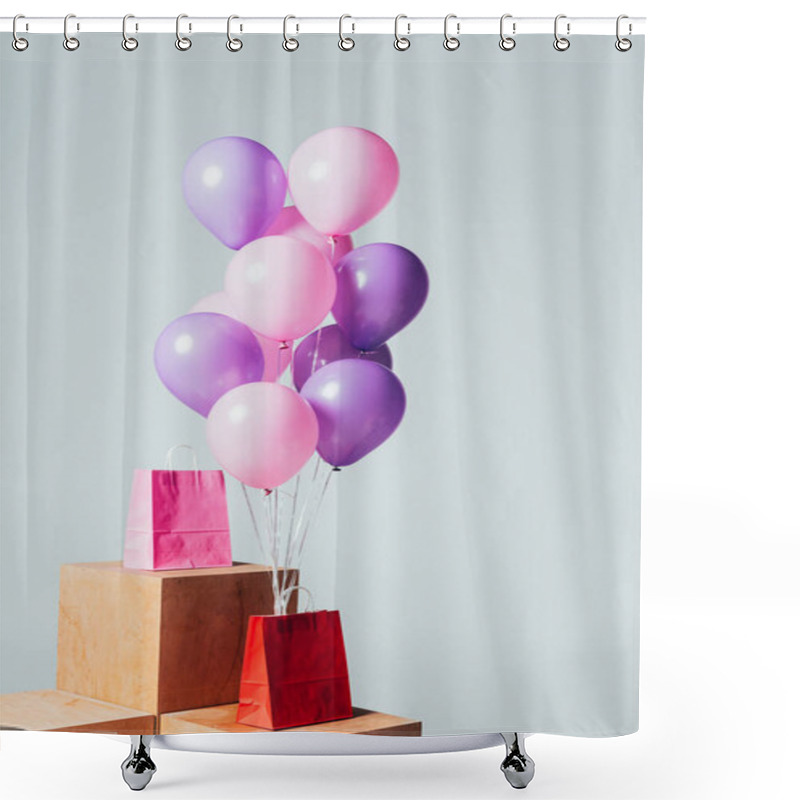 Personality  Red And Pink Shopping Bags With Bundle Of Balloons Isolated On White, Summer Sale Concept Shower Curtains