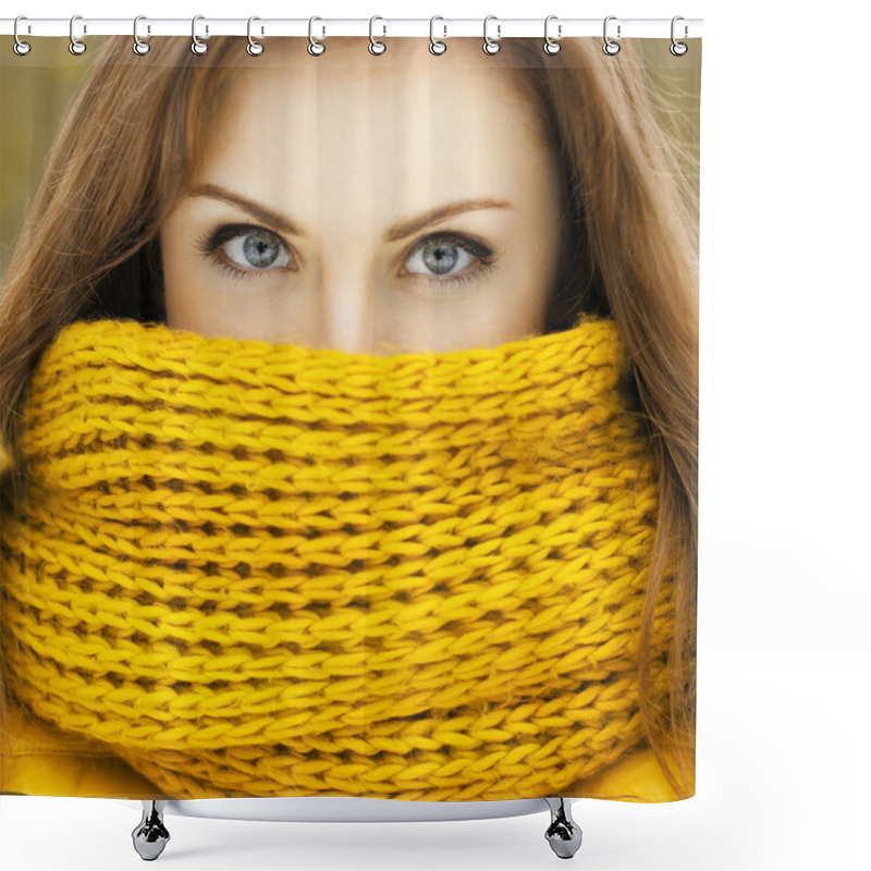 Personality  Pretty Woman In A Yellow Knit Scarf Looking At The Camera. Beaut Shower Curtains