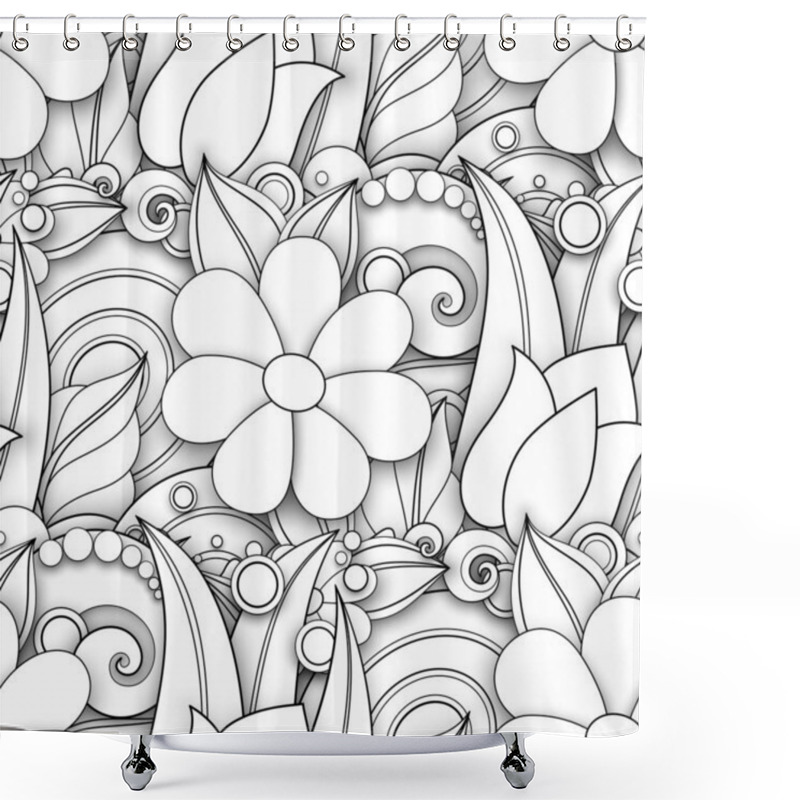 Personality  Monochrome Seamless Pattern With Floral Motifs. Endless Texture With Flowers And Leaves In Doodle Line Style Shower Curtains