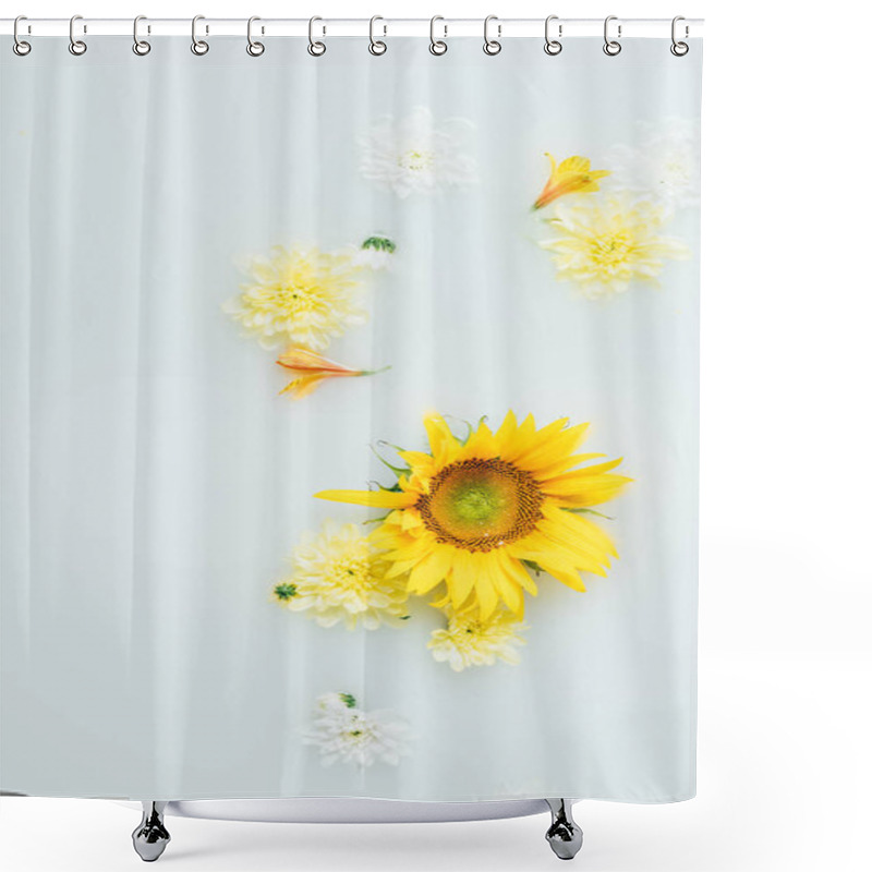 Personality  Top View Of Yellow Sunflower And Chrysanthemum Flowers In Milk Shower Curtains