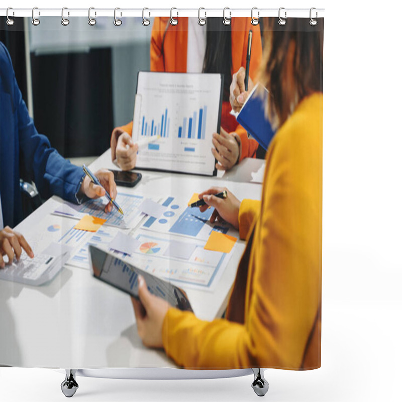 Personality  Business Team Analyzing Financial Statement And Finance Task At The Meeting In The Office, Using Digital Tablet. Wealth Management Concept Shower Curtains