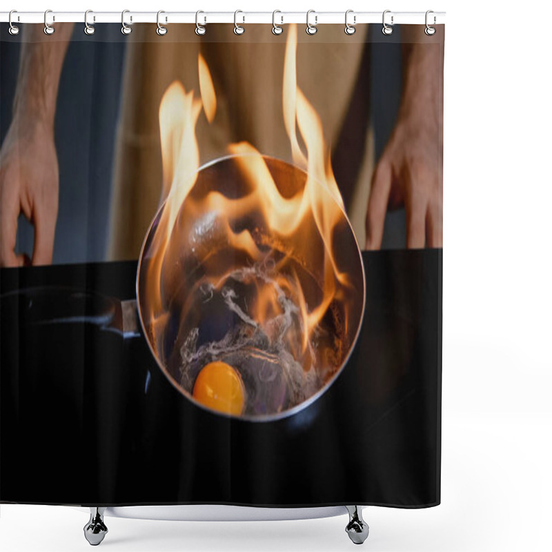 Personality  Cropped View Of Man Frying Chicken Egg With Fire On Frying Pan  Shower Curtains