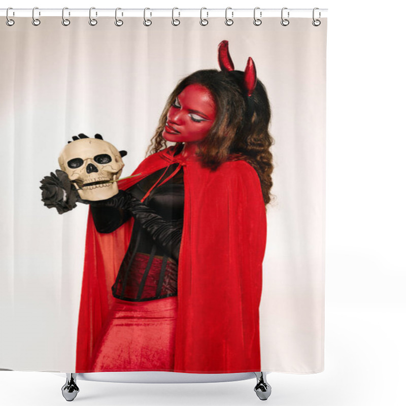 Personality  The Alluring Woman In A Red Devil Costume Holds A Skull, Radiating Halloween Spirit. Shower Curtains