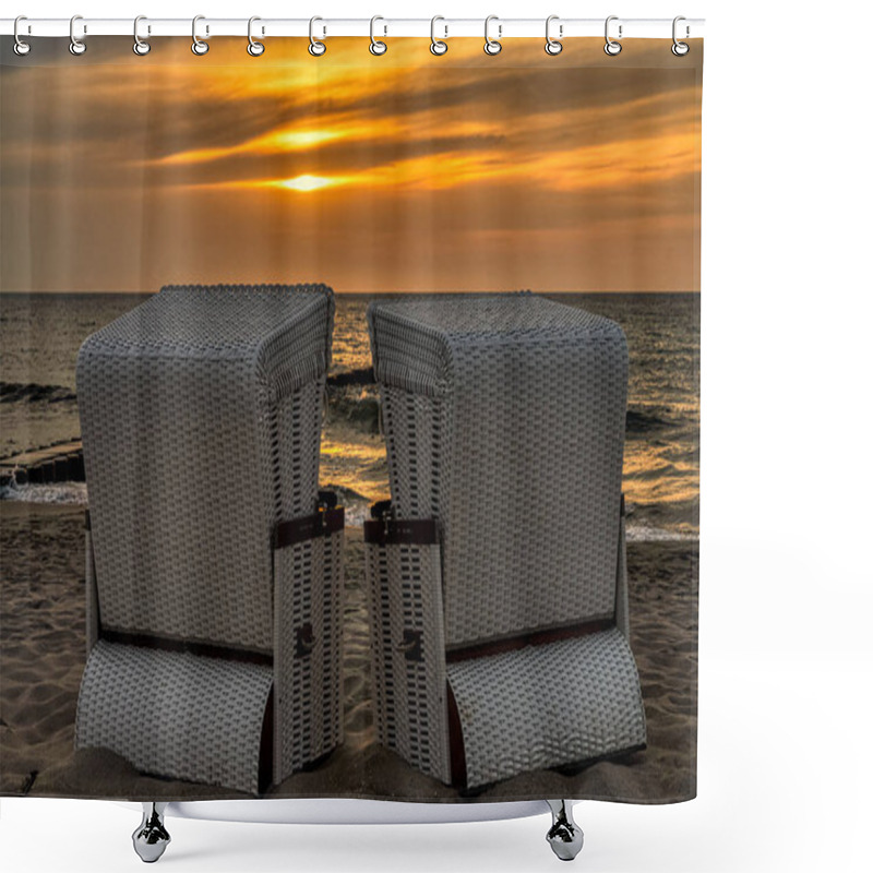 Personality  Beach Chairs With A View Towards The Sunset At The Beach In Ahrenshoop, Mecklenburg-Western Pomerania, Germany Shower Curtains