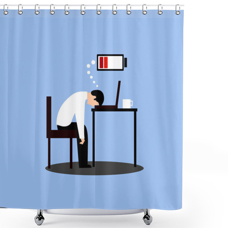 Personality  Frustrated Worker Mental Health Problems. Tired Male Manager In Office Sitting With Head Down On Laptop. Vector Long Work Day Illustration Shower Curtains