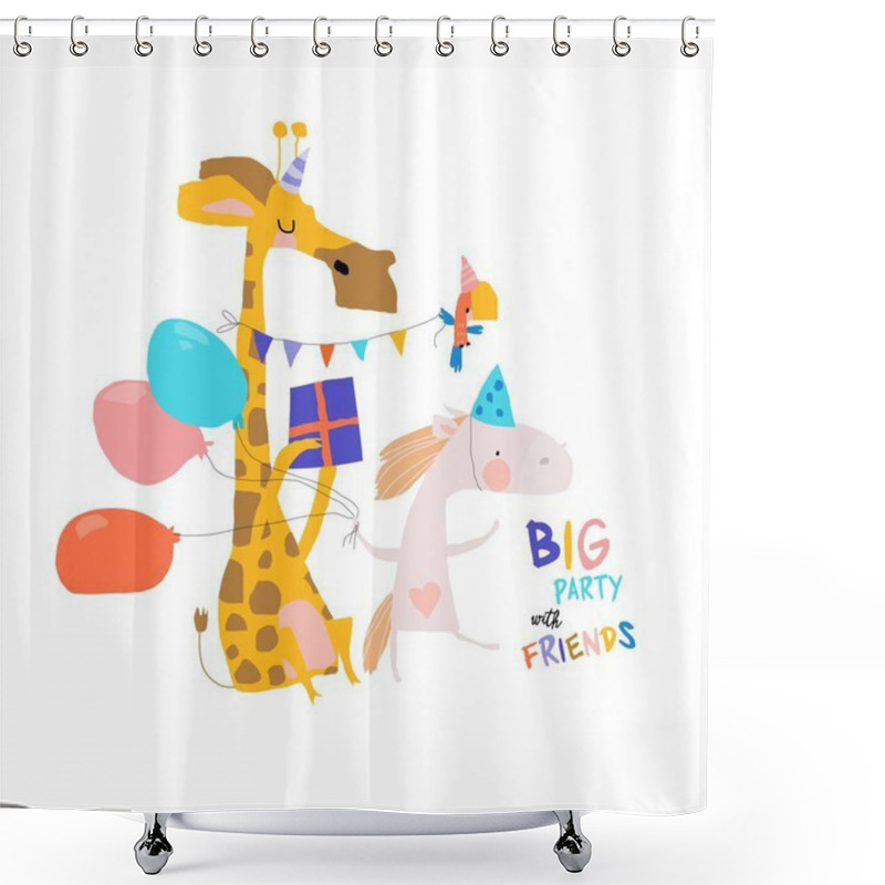 Personality  Birthday Card With Cute Animals Celebrating Holiday Shower Curtains