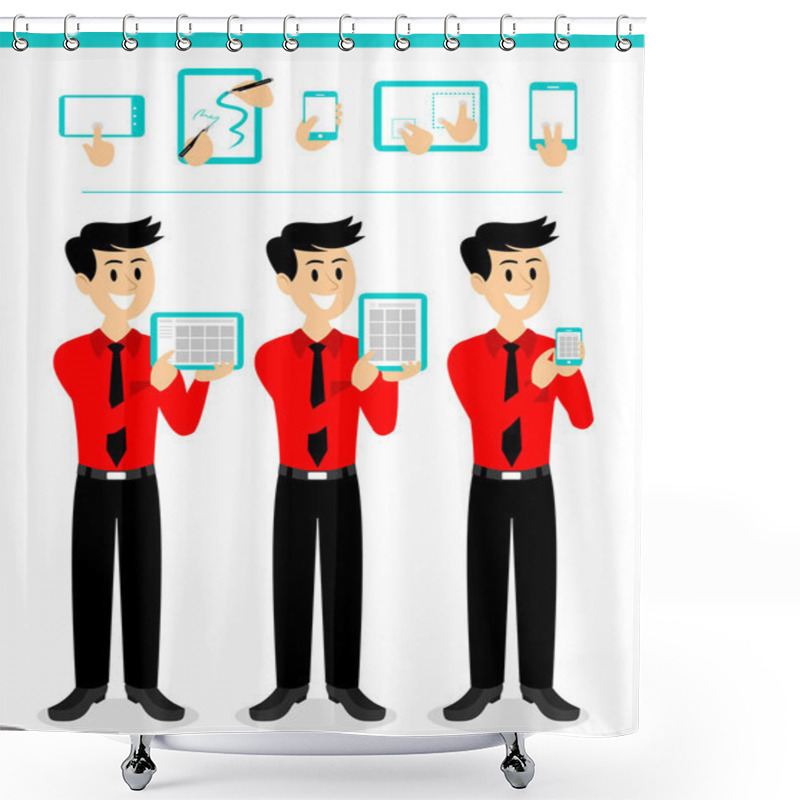 Personality  Salesman Demonstrating App Using Touch Screen Devices Shower Curtains