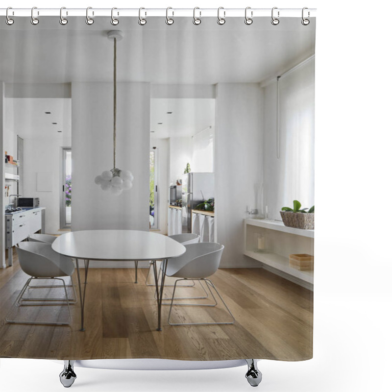 Personality  Interior Shots Of A Modern Dining Room With White Table And White Chairs, All Overlooking The Kitchen, The Floor Is Made Of Wood Shower Curtains