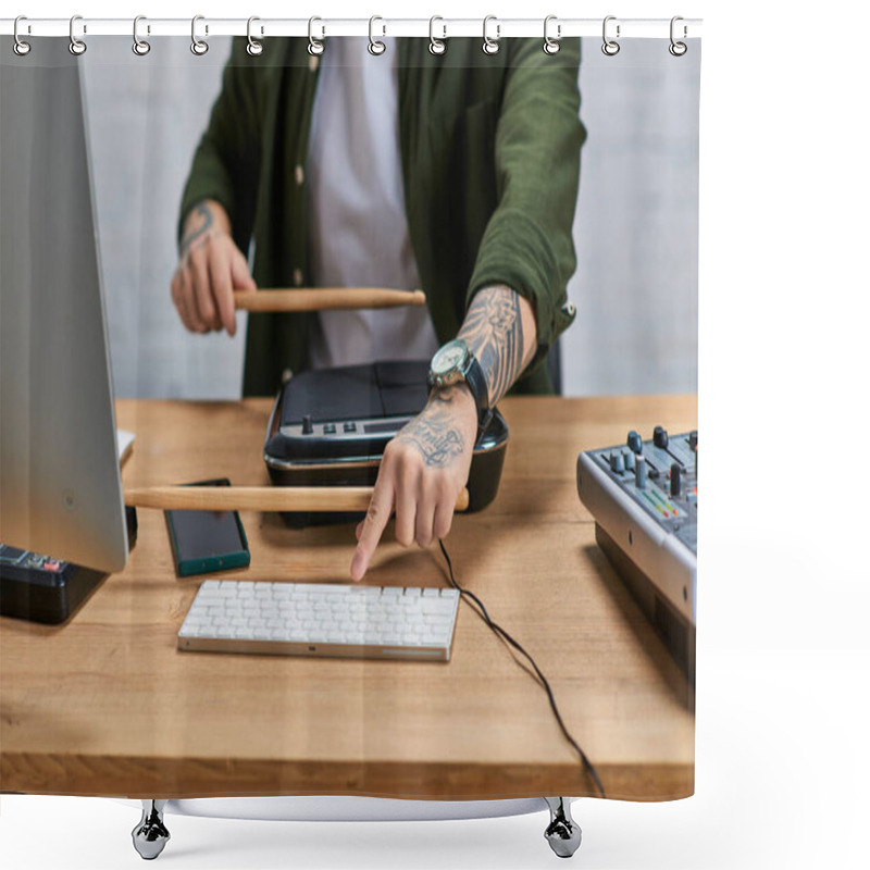 Personality  A Handsome Asian Man Plays A Drum Pad While Working On Music Production In His Studio. Shower Curtains