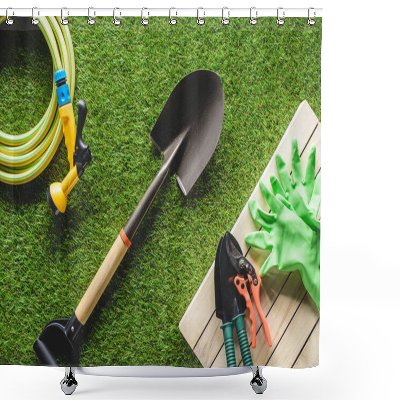 Personality  Top View Of Hosepipe, Protective Gloves And Gardening Tools On Grass  Shower Curtains