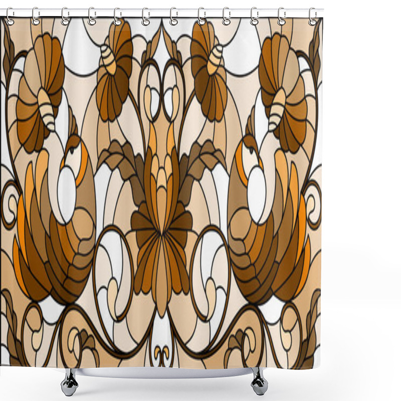 Personality  Illustration In Stained Glass Style With A Pair Of Abstract Birds , Flowers And Patterns On A Light Background , Horizontal Image, Tone Brown Shower Curtains