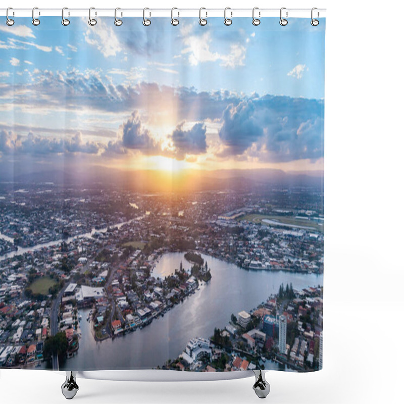 Personality  Gold Coast And Nerang River At Sunset - Aerial View Shower Curtains