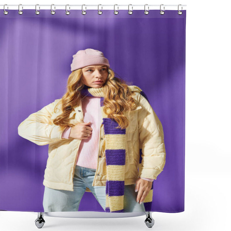 Personality  A Fashionable Young Woman Enjoys The Warmth Of Her Winter Attire While Showcasing A Playful Look. Shower Curtains