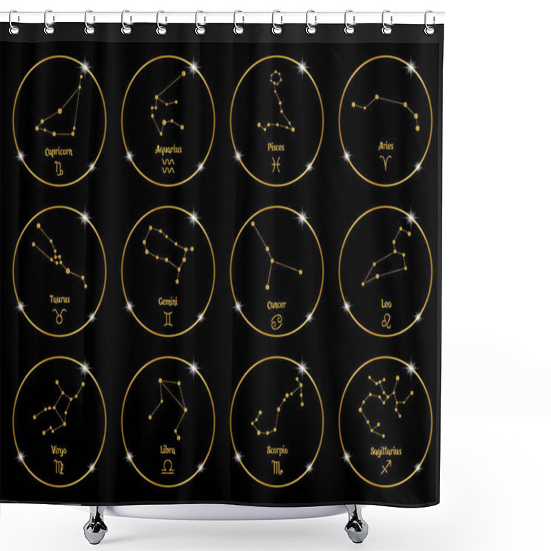 Personality  Constellations Of Zodiac Signs In Golden Shiny Circles, Set. Golden Design On A Black Background. Icons, Vector Shower Curtains