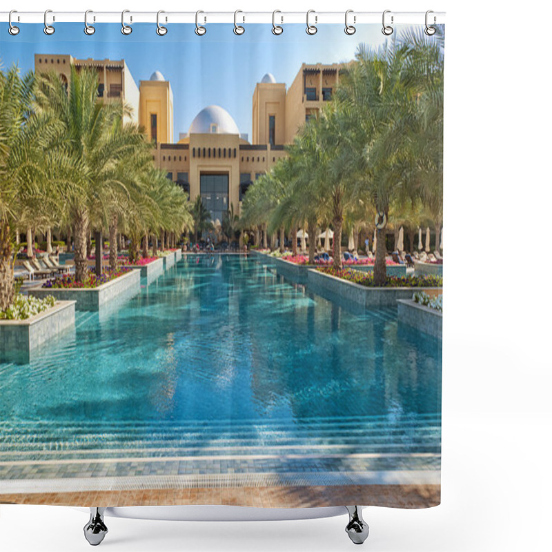 Personality  Pool With Blue Water And Palm Trees. Shower Curtains