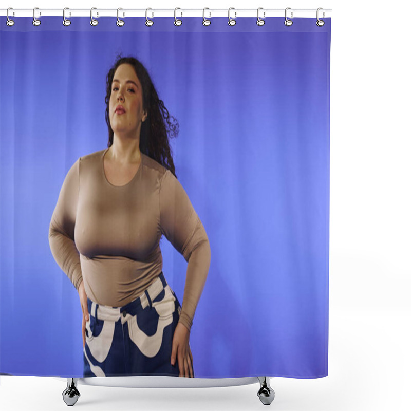 Personality  A Confident Plus Size Woman Poses Playfully, Highlighting Her Unique Style. Shower Curtains