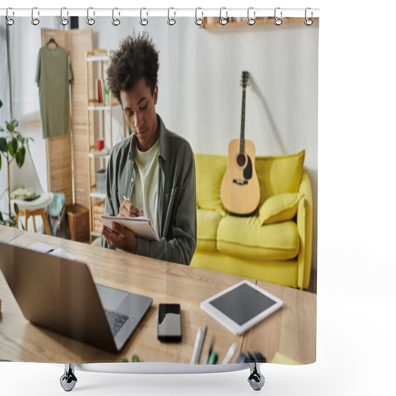 Personality  A Man Sitting At A Desk With A Laptop Open And A Guitar Beside Him. Shower Curtains