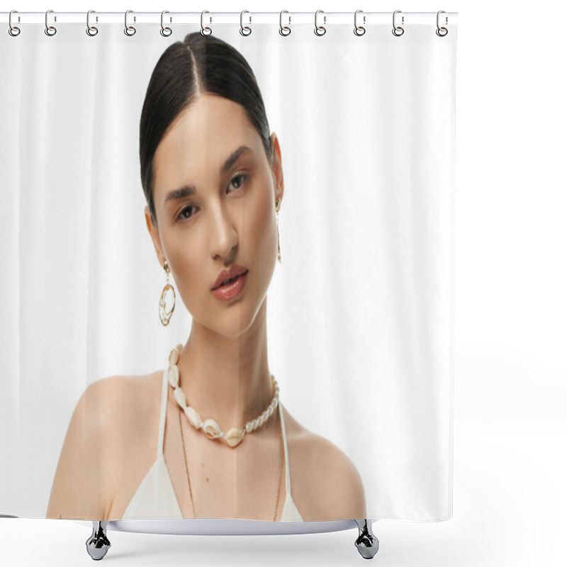 Personality  A Young Woman With Dark Hair Showcases Her Beautiful Jewelry, Featuring A Necklace And Earrings Made From Delicate Seashells. Shower Curtains