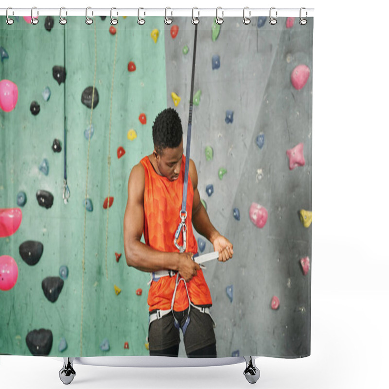 Personality  Good Looking African American Man In Orange Shirt Checking His Alpine Harness And Safety Rope Shower Curtains