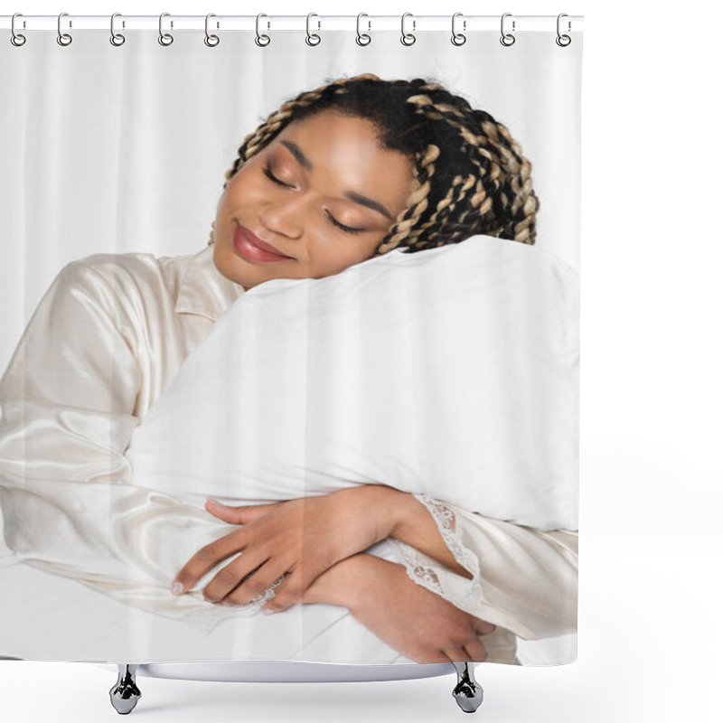 Personality  Sleepy African American Woman Smiling With Closed Eyes While Hugging Pillow Isolated On White Shower Curtains