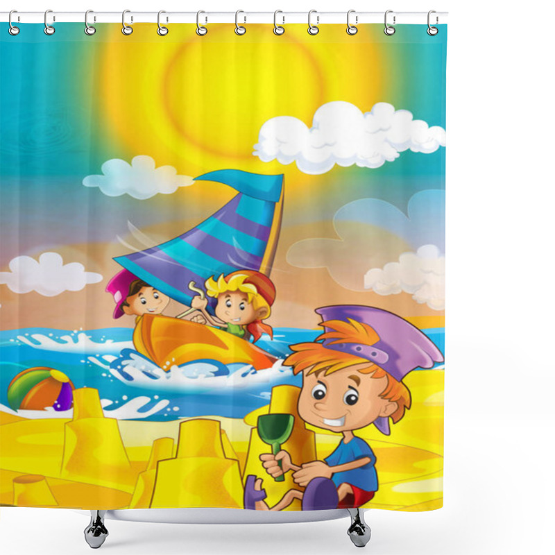 Personality  Children Playing At The Beach By The Sea Or Ocean Shower Curtains