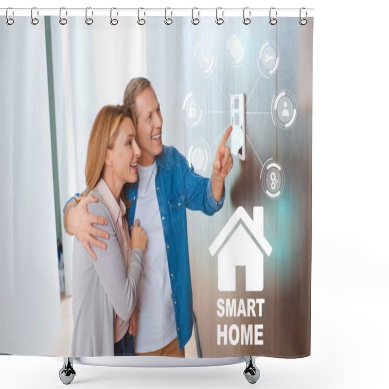 Personality  Happy Husband Hugging Wife While Pointing At Smart House System Control Panel Shower Curtains