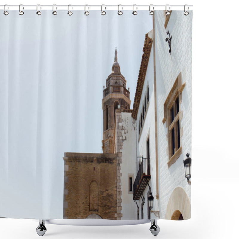 Personality  Low Angle View Of Facades Of House And Church Of San Bartolome And Santa Tecla With Clear Sky At Background In Barcelona, Spain  Shower Curtains