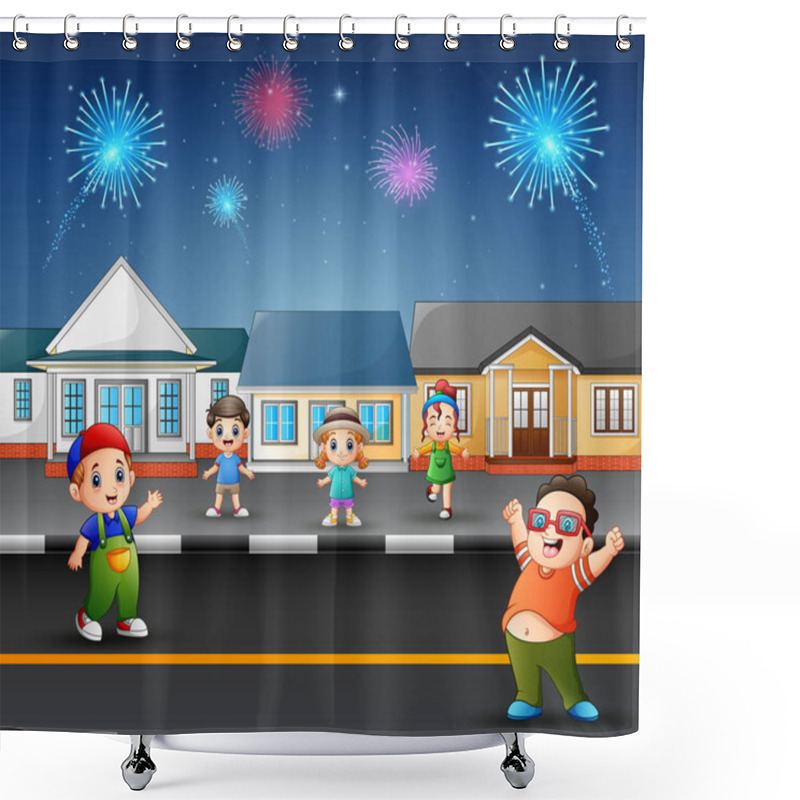 Personality  Happy Kids Playing On The Road With Views Of Fireworks In The Sky Shower Curtains