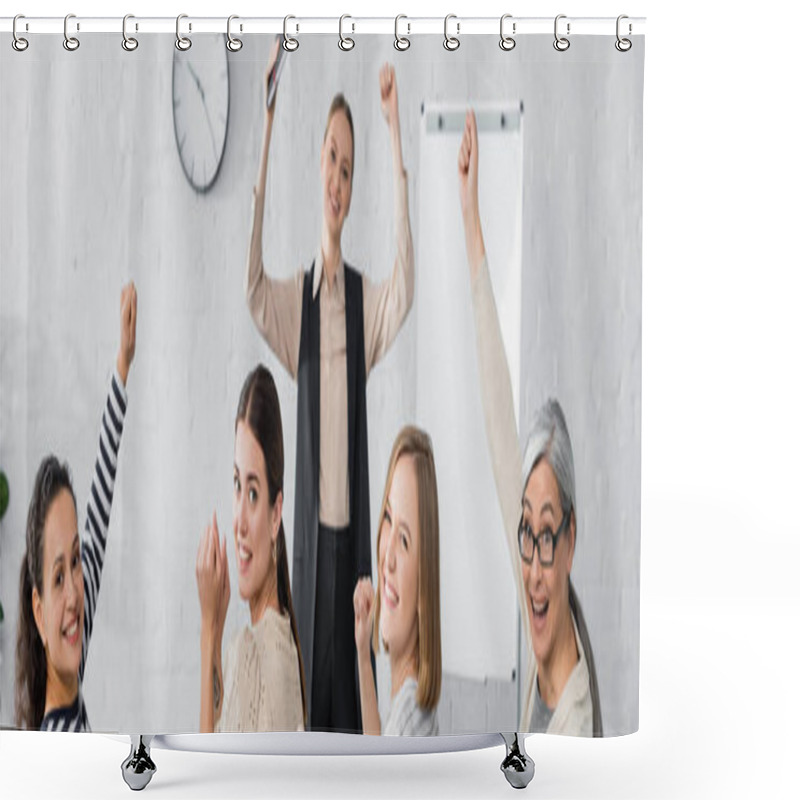 Personality  Happy Interracial Businesswomen And Speaker With Raised Hands During Lecture, Banner Shower Curtains