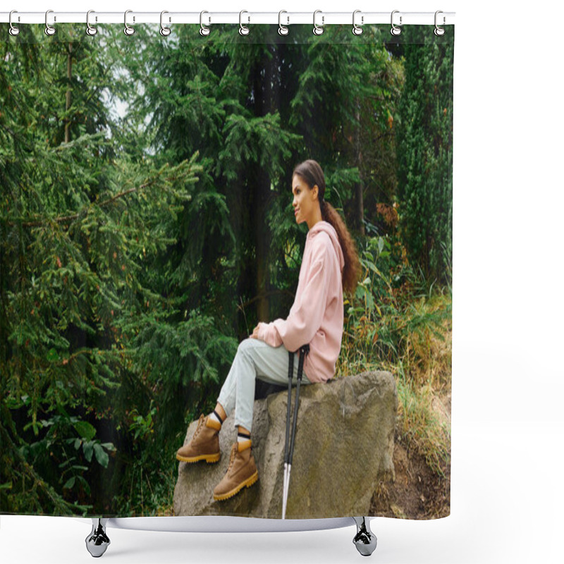 Personality  Amidst The Stunning Autumn Foliage, A Young Woman Rests On A Rock, Embracing Nature During Her Hike. Shower Curtains