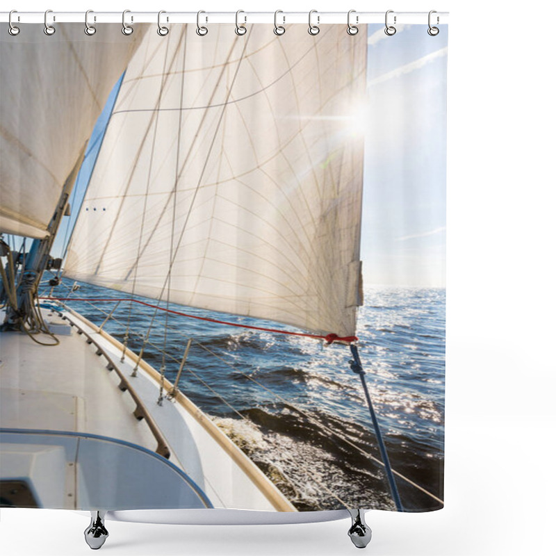 Personality  White Sloop Rigged Yacht Sailing In An Open Baltic Sea On A Clear Sunny Day. A View From The Deck To The Bow, Mast And Sails. Waves And Water Splashes. Estonia Shower Curtains