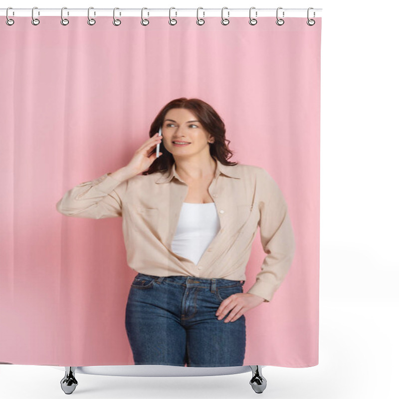 Personality  Attractive Brunette Woman Smiling While Talking On Smartphone On Pink Background, Concept Of Body Positive Shower Curtains