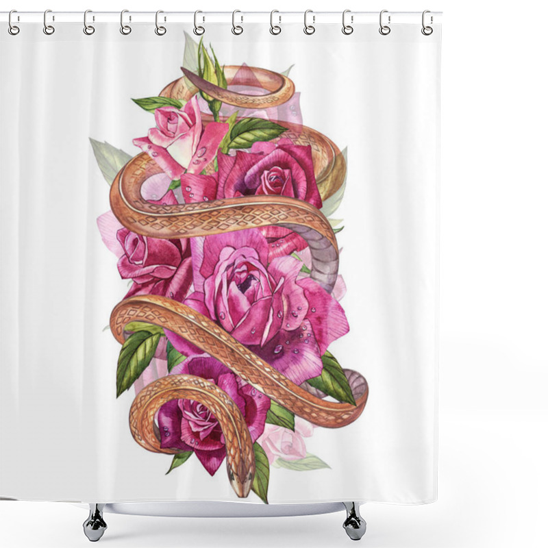 Personality  Snake With Beautiful Garden Roses. Compositions Of Red And Pink Roses, Watercolor Illustration. Printing Use T-shirt. Shower Curtains