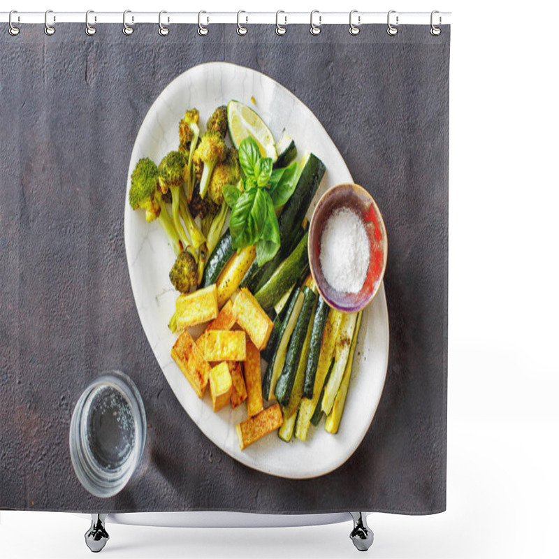 Personality  Healthy Food Baked Vegetables Zucchini With Broccoli, Spinach, Lentils, Chickpeas And Tofu Cheese On Concrete Background  Shower Curtains