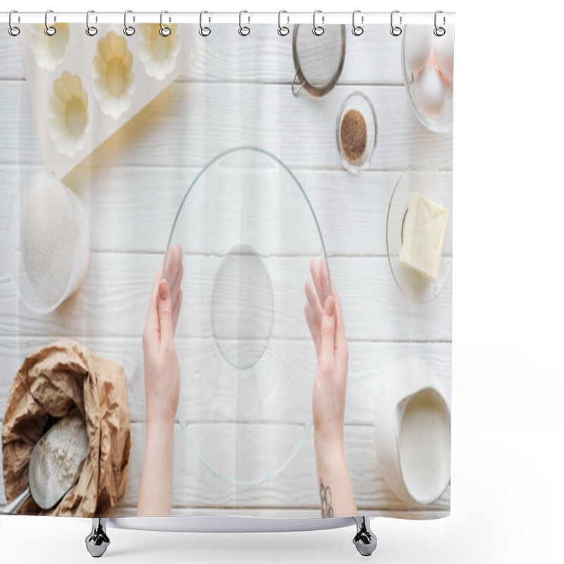 Personality  Cropped View Of Woman Holding Glass Bowl On Table With Kitchen Utensils And Ingredients Shower Curtains