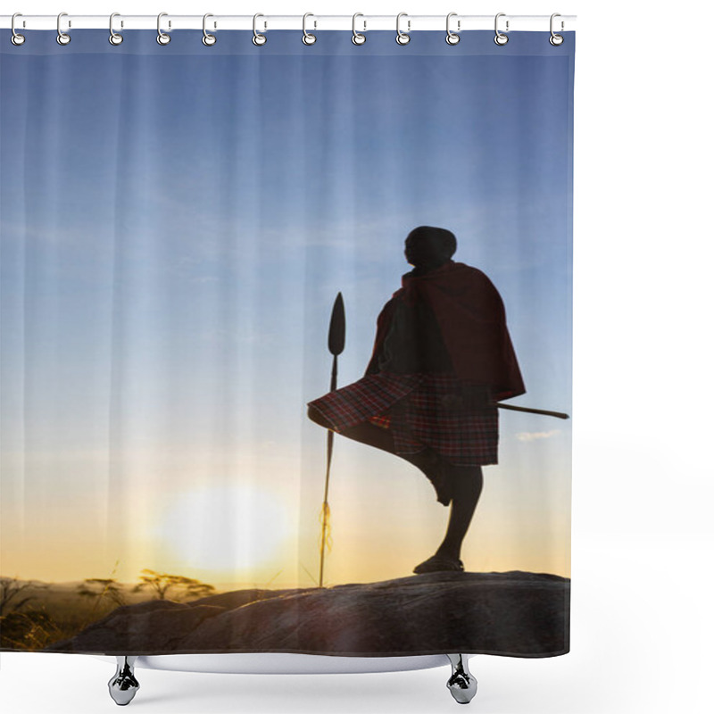 Personality  A Maasai Warrior In Traditional Attire Stands On A Rock At Sunrise, Holding A Spear And Gazing Over The Golden African Savanna. Shower Curtains