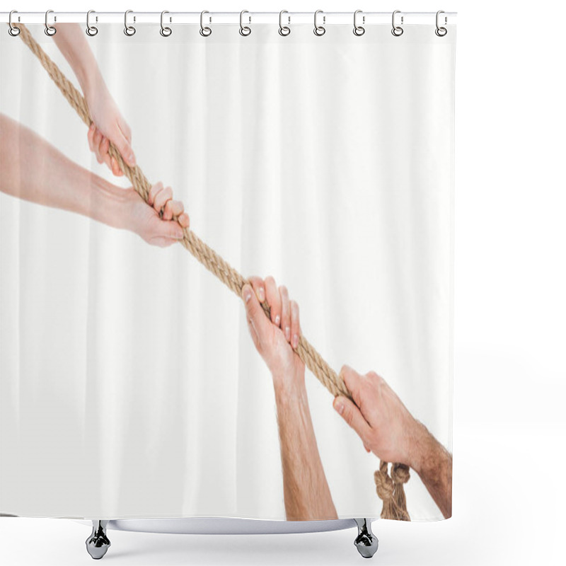 Personality  Cropped View Of Man And Woman Pulling Brown Rope Isolated On White  Shower Curtains