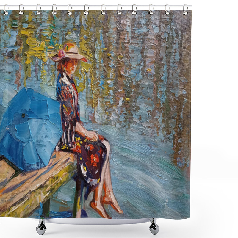 Personality  Woman Sitting On Wooden Pond  On Lake With Umbrella Painting Art Oil On Canvas  Shower Curtains