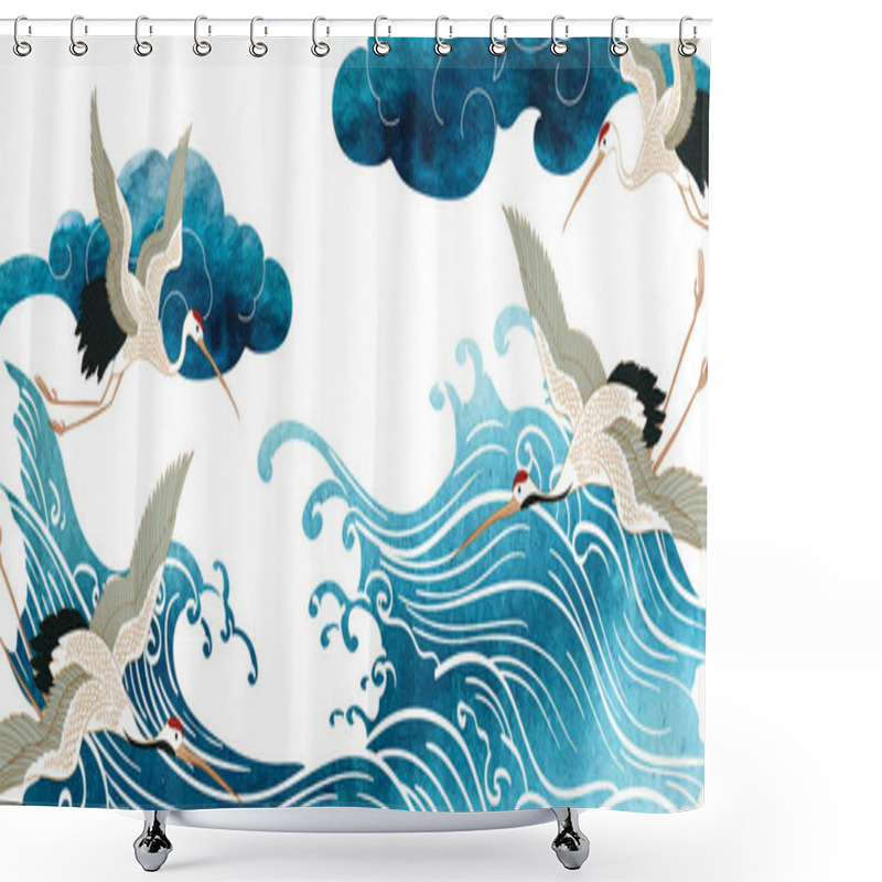 Personality  Crane Birds Element. Blue Brush Stroke Texture With Japanese Chinese Cloud And Hand Drawn Wave Pattern In Vintage Style. Abstract Art Landscape Banner Design With Watercolor Texture Vector. Shower Curtains