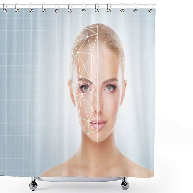 Personality  Portrait Of Attractive Woman With A Scnanning Grid On Her Face. Face Id, Security, Facial Recognition, Future Technology Concept. Shower Curtains