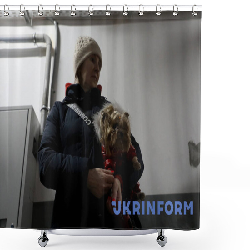 Personality  KYIV, UKRAINE - FEBRUARY 25, 2022 - A Woman Holds A Dog In The Basement Of A Residential Tower Block That Doubles As A Shelter On The Second Day Of The Russian Invasion, Kyiv, Capital Of Ukraine.  Shower Curtains