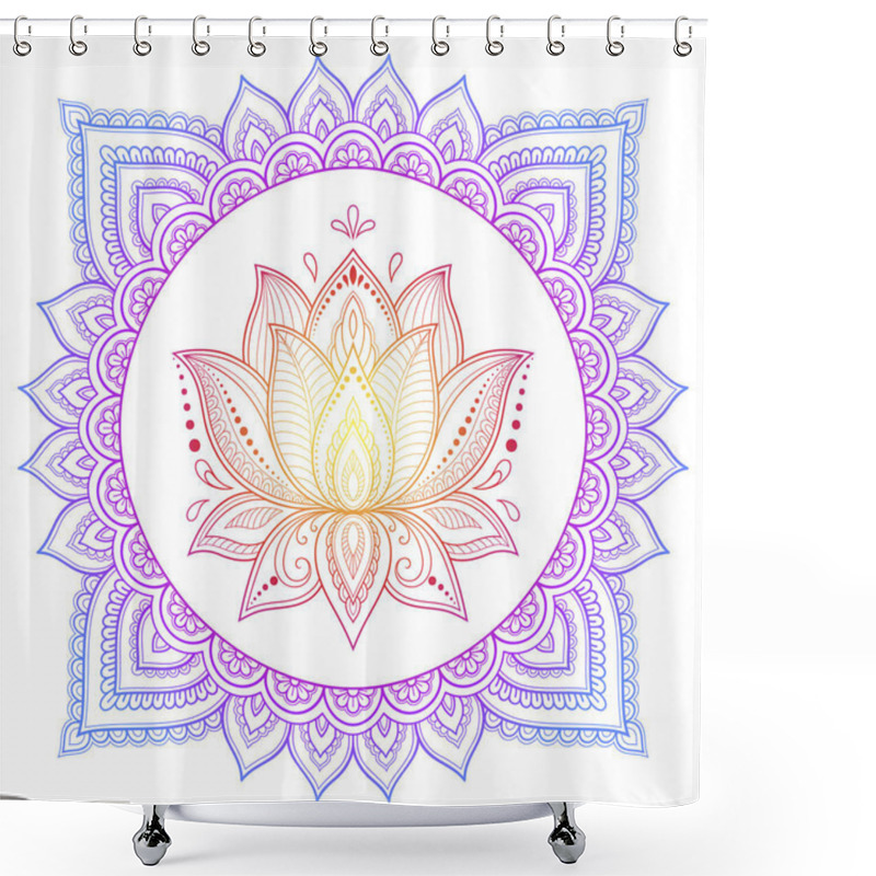 Personality  Circular Pattern In Form Of Mandala With Lotus Flower For Henna, Mehndi, Tattoo, Decoration. Decorative Ornament In Ethnic Oriental Style. Rainbow Design On White Background. Shower Curtains