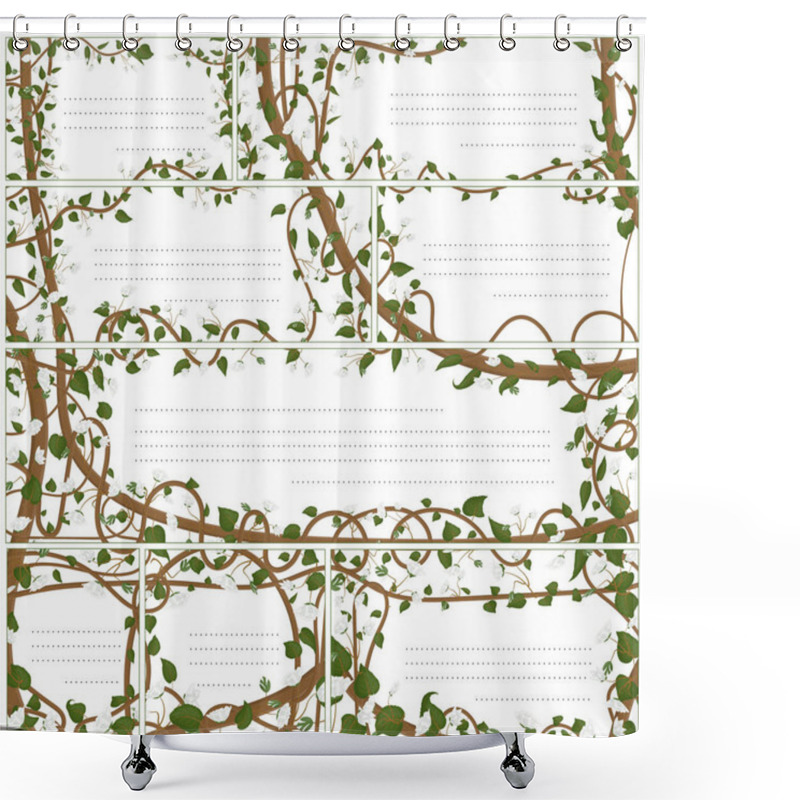 Personality  A Set Of Greeting Cards, Business Cards In The Same Style With A Botanical Ornament With Elements Of The Plant Actinidia Kolomikta. Green Leaves, White Flowers, Thin Stems In The Form Of Liana. Shower Curtains