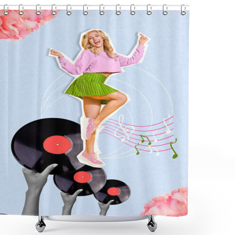 Personality  Collage Of Funny Youngster Girl Blonde Hair Dancing Hip Hop Old Style Nostalgia Hipster Music Vinyl Plate Isolated On Blue Background. Shower Curtains