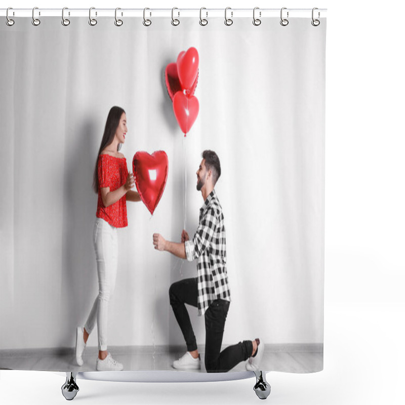 Personality  Happy Young Couple With Heart Shaped Balloons Near Light Wall. Valentine's Day Celebration Shower Curtains