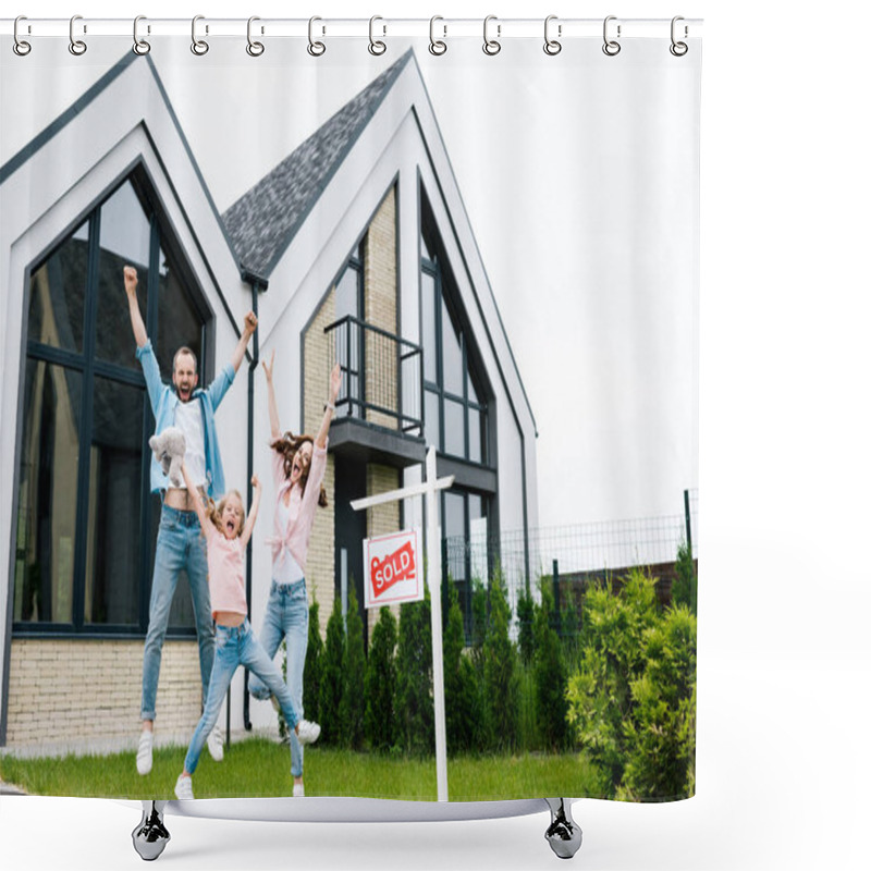 Personality  Happy Kid Holding Teddy Bear And Jumping With Parents Near House  Shower Curtains