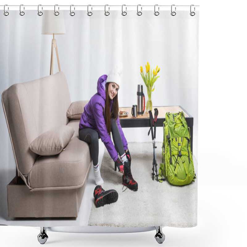 Personality  Beautiful Woman Wearing Hiking Boots At Home Shower Curtains