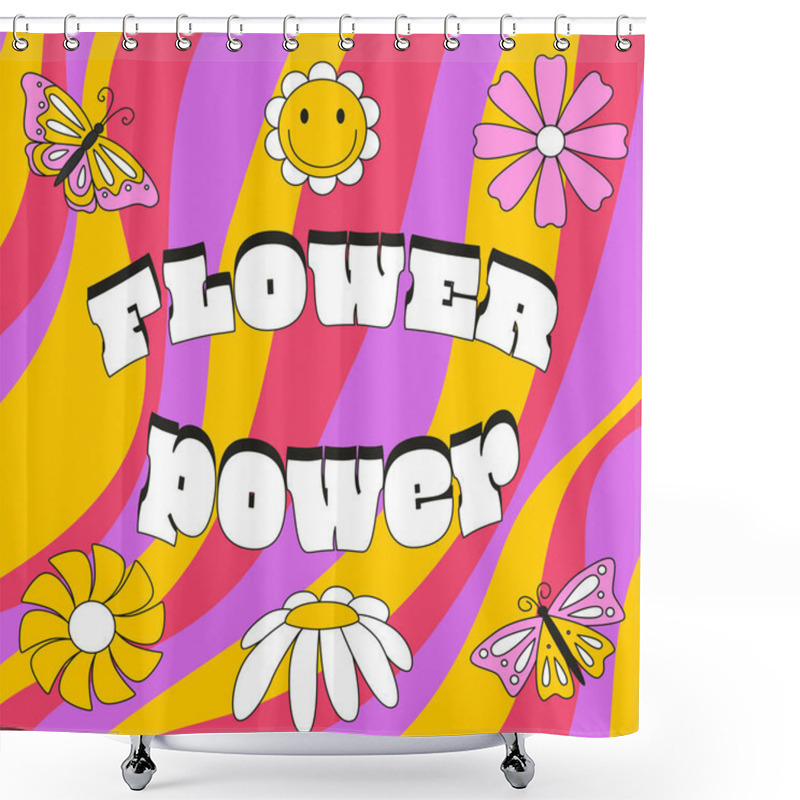 Personality  Square Card With Flowers And Butterflies In Retro Doodle Style. The Typographic Phrase Flower Power. Color Vector Illustrations With A Stroke On A Bright Striped Background Shower Curtains